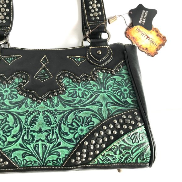 TRINITY RANCH Teal Tooled Genuine Leather Bag - Picture 2 of 15